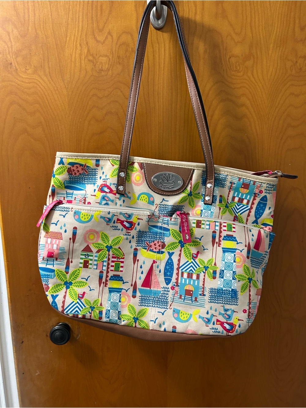 Colorful Coastal Print Tote Bag with Brown Handles by Lily Bloom